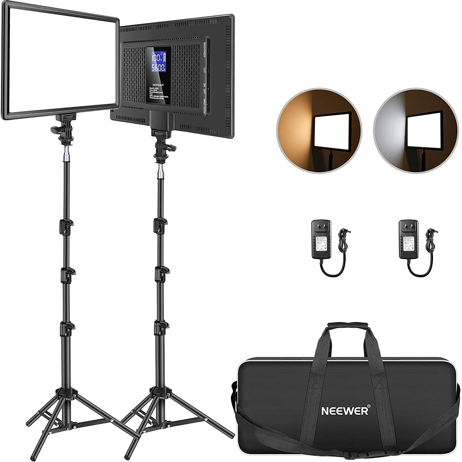 NEEWER 2 Pack NL-288ARC Bi-Color LED Panel Light Stand Kit