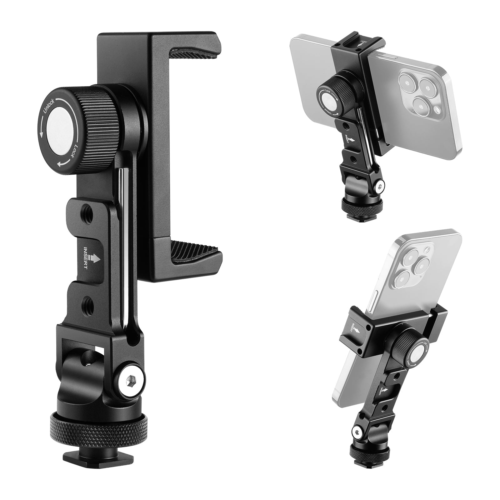 Bower Mobile Top Grip Tripod with Cold Shoe Mount and 360 Degree Smartphone  Holder, also compatible with LED lights, flashes & microphones, Black
