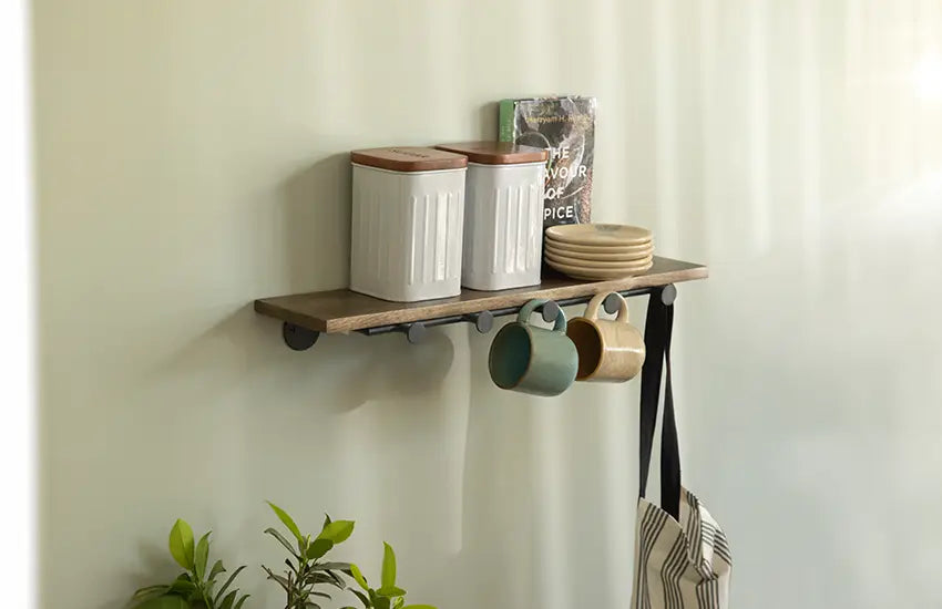 aaron wooden wall shelf with 5 hooks