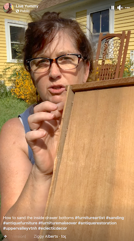Lisa Johnson Live Yummy Artful Living at Vermont farmhouse studio showing how to sand dresser drawers while doing furniture refinishing