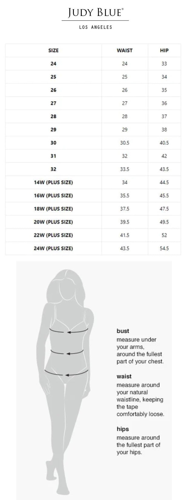 Judy Blue Jeans sizing chart