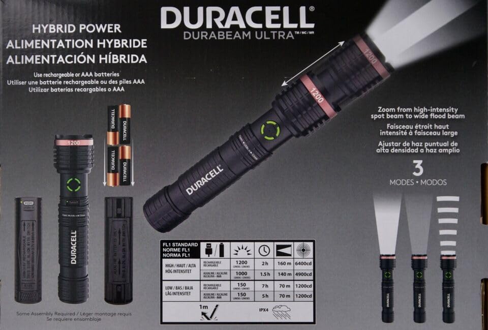 DURACELL Durabeam Ultra Hybrid LED Flashlights, 1200 Lumens, Set of 3, with Rechargeable and AAA Alkaline Batteries - 121095