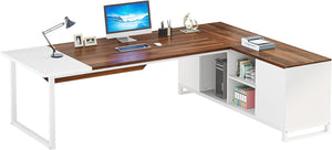 LITTLE TREE 71" L Shaped Desk with 55" File Cabinet, Modern Executive Office Desk with Storage Shelves and Cabinet, Large L Shaped Executive Computer Desk Set for Home Office(Walnut White)