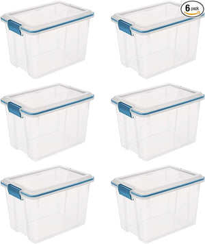 Sterilite 20 Qt Gasket Box, Stackable Storage Bin with Latching Lid and Tight Seal, Plastic Container to Organize Basement, Clear Base and Lid, 6-Pack - 105239