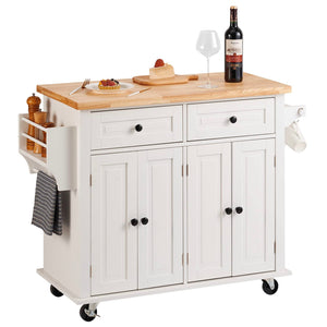 VEVOR Kitchen Island Cart with Solid Wood Top, 35.4" Width Mobile Carts with Storage Cabinet, Rolling Kitchen Table with Spice Rack, Towel Rack, and Drawer, Portable Islands on Wheels, White - 104784