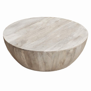The Urban Port 12-Inch Height Round Mango Wood Coffee Table, Subtle Grains, Distressed White - 104774