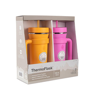 ThermoFlask Premium Quality Double Wall Insulated Stainless Steel Tumbler with Handle and Straw Lid, 32 Ounce, 2-Pack, Honeycomb/Hot Pink - 105070