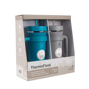 ThermoFlask Premium Quality Double Wall Insulated Stainless Steel Tumbler with Handle and Straw Lid, 32 Ounce, 2-Pack, Crystal Teal/Circular Grey - 104821