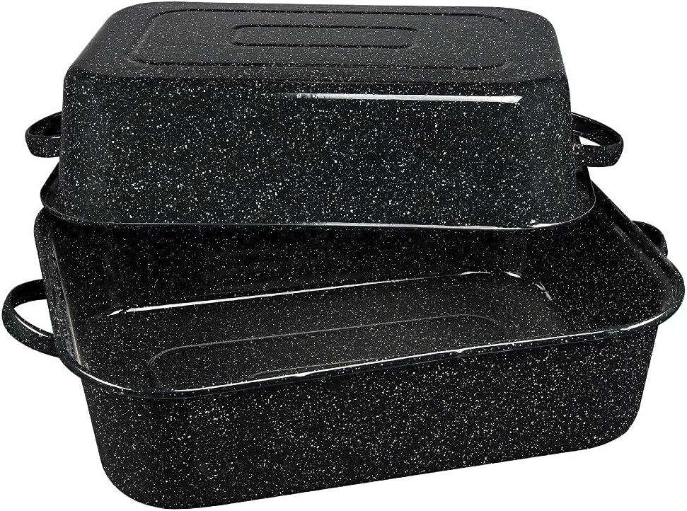 Granite Ware 21 in Oven Rectangular Roaster with lid. (Speckled Black) - Accommodates up to 25 lb poultry or roast. - 100435