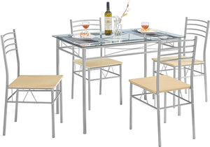 VECELO 5 Piece Dining Table Set for 4 with Chairs, Glass Top, Small Space, Silvery