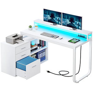 YITAHOME L Shaped Desk with Power Outlets & LED Lights & File Cabinet, 55" Corner Computer Desk with 3 Drawers and 2 Storage Shelves, Home Office Desk with Monitor Stand, White - 104812