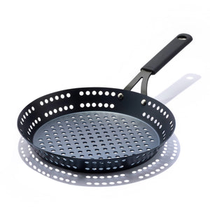 OXO Obsidian Pre-Seasoned Carbon Steel, 12" Frying Pan Skillet with Holes for Grilling with Removable Silicone Handle Holder, Induction, Oven Safe, Black - 105043