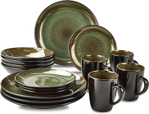 CREATIVELAND Plates and Bowls Sets, 16-Piece Round Reactive Glaze Dinnerware Set, Service for 4, Porcelain Kitchen Dinnerware Set with Plates, Bowls and Mugs, Dishes Set for 4 (Service for 4, Green)