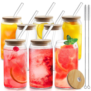 HOMBERKING Glass Cups with Bamboo Lids and Straws 8pcs Set, 20oz Can Shaped Cups, Beer Glasses, Iced Coffee Cups, Cute Tumbler with 2 Cleaning Brushes, Ideal for Cocktail, Whiskey, Tea, Gift - 104875