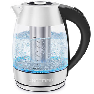 Chefman Electric Glass Kettle, Fast Boiling W/ LED Lights, Auto Shutoff & Boil Dry Protection, Cordless Pouring, BPA Free, Removable Tea Infuser, 1.8 Liters, Stainless Steel - 105006