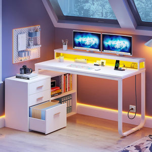 DWVO L Shaped Desk with Drawers, 55" Corner Computer Desk with Power Outlets & LED Lights, Home Office Desk with File Cabinet, White