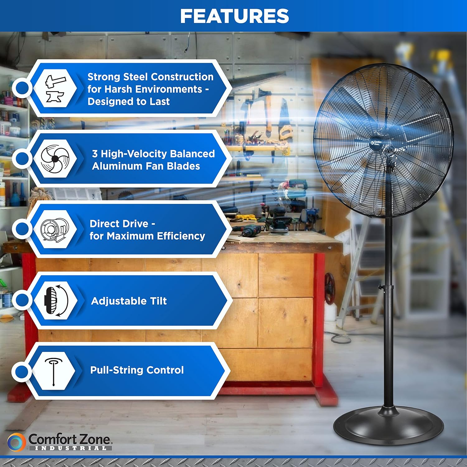 Comfort Zone Industrial Pedestal Fan, 30 inch, 3 Speed, High Velocity, Adjustable Height 56” to 76”, Metal, Meets OSHA Standards, Airflow 36 ft/sec, Ideal for Garage, Workshop or Warehouse, CZHVP30 - 104719