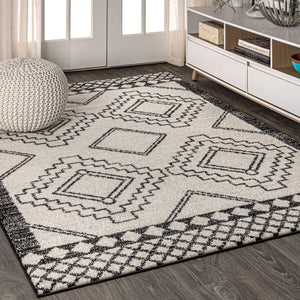 JONATHAN Y MOH200A-8 Amir Moroccan Beni Souk Indoor Area-Rug Bohemian Farmhouse Rustic Geometric Easy-Cleaning Bedroom Kitchen Living Room Non Shedding, 8 X 10, Cream,Black - 104725