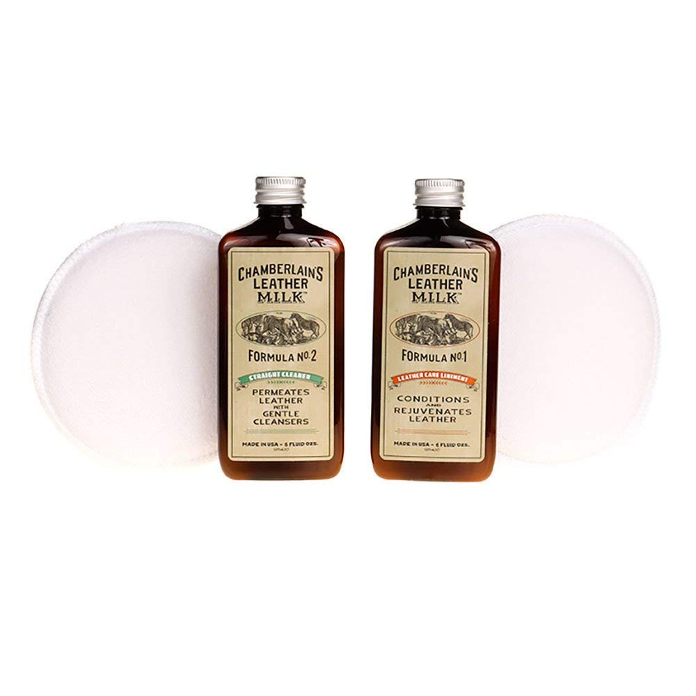 Chamberlain's Leather Milk Conditioner and Cleaner Kit - No. 1 - 2 Conditioner + Cleaner Kit - All Natural, Non-Toxic Leather Care. 2 Sizes. Made in the USA. Includes 2 Premium Restoration Pads! 6 OZ - 100073