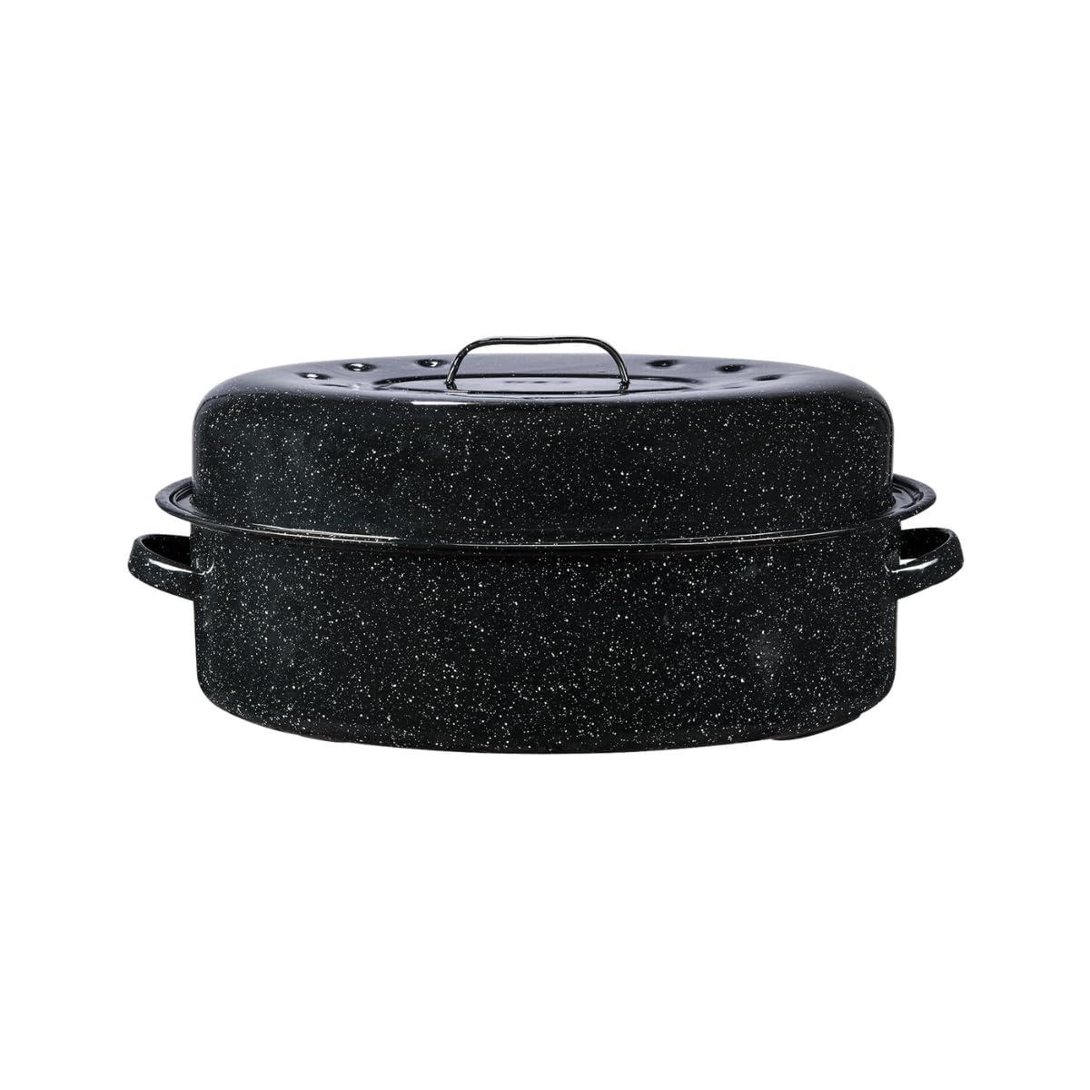 Granite Ware 19 inch oval roaster with Lid design to accommodate up to 20 lb poultry/roast. Resists up to 932°F - 100133