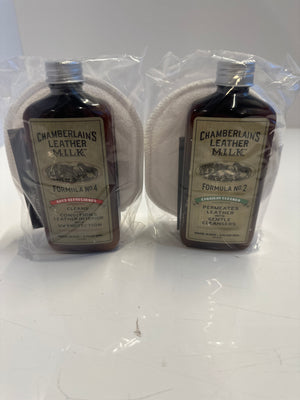 Chamberlain's Leather Milk Conditioner and Cleaner Kit - No. 1 - 2 Conditioner + Cleaner Kit - All Natural, Non-Toxic Leather Care. 2 Sizes. Made in the USA. Includes 2 Premium Restoration Pads! 6 OZ - 100073