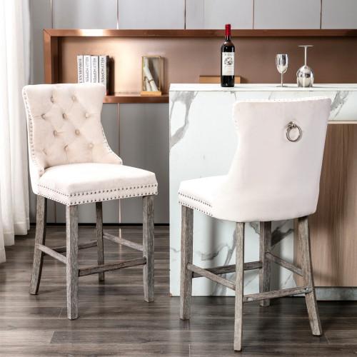 2 Piece Velvet Bar Stool With Button Tufted Trim And Wooden Legs