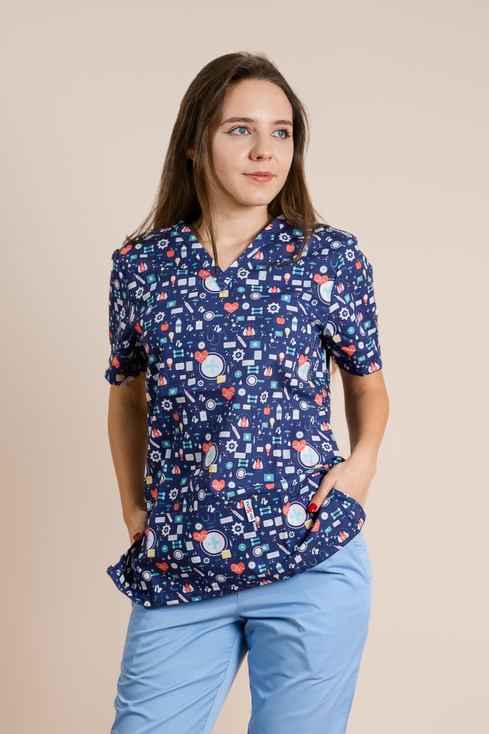 Bluza Medicala Bleumarin Cu Imprimeu Unisex Bumbac 115g Paris - L