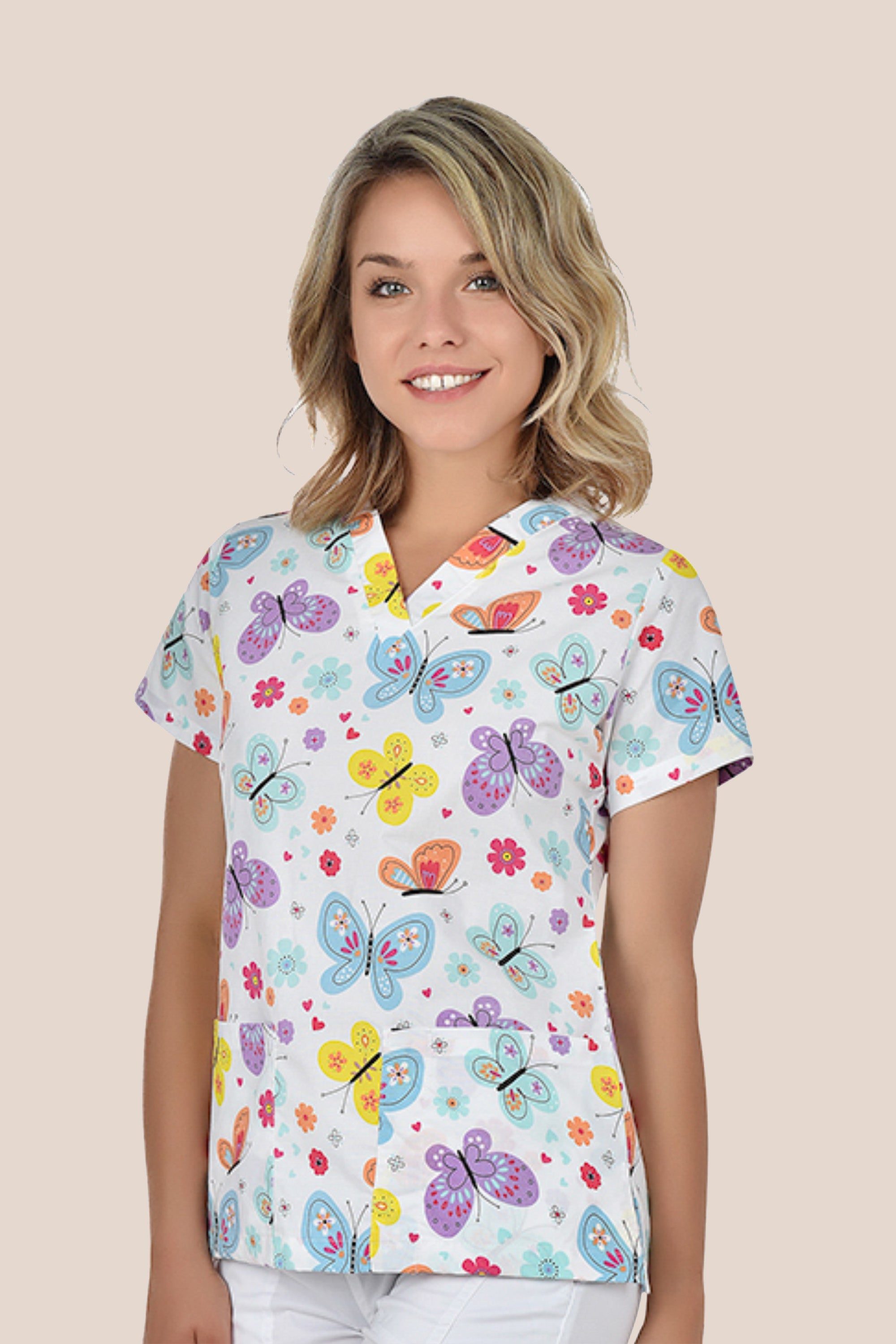 Bluza Medicala Dama Alba Cu Fluturi Poplin 140g Bambina - XL