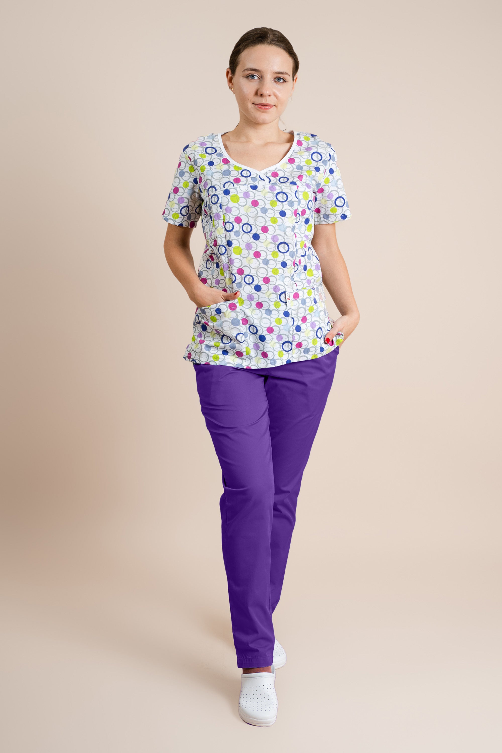 Costum Medical Violet Cu Cercuri Dama Poplin 160-165g Tania - L