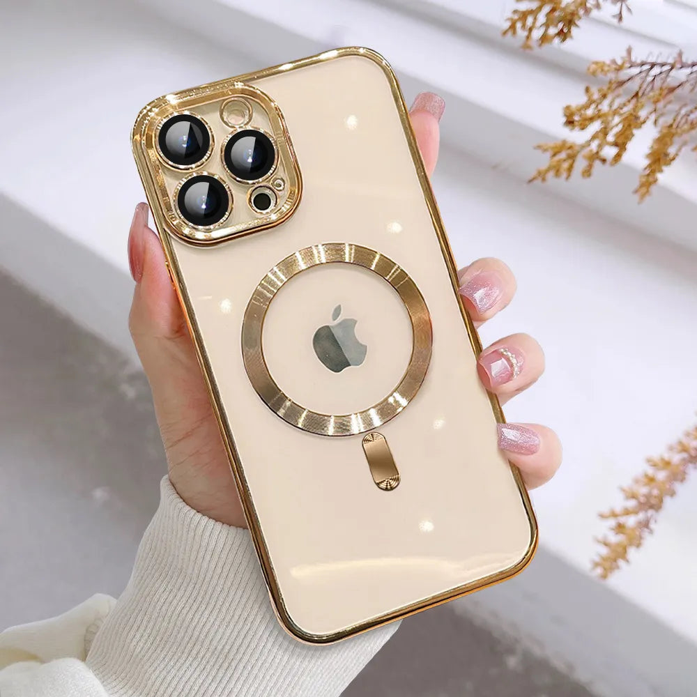 Magsafe Transparent Magnetic Case For iPhone 14 13 12 11 Pro Max Plus 14Pro Soft Silicon Gold Full Cover With Lens Protector