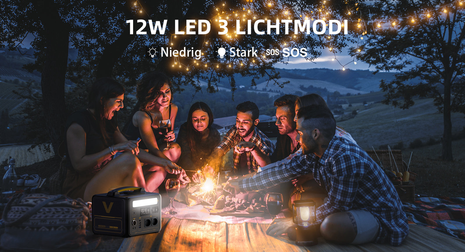 Built-in 12W LED flashlight with 5 modes(Weak/Medium/Strong/Strobe/SOS)