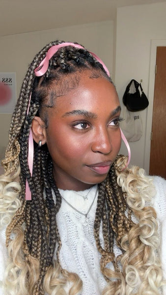 Small Knotless Braids with Ribbon Accents