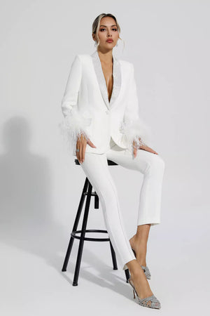 Angel White Feather Trim Diamond Blazer Set - Krzno