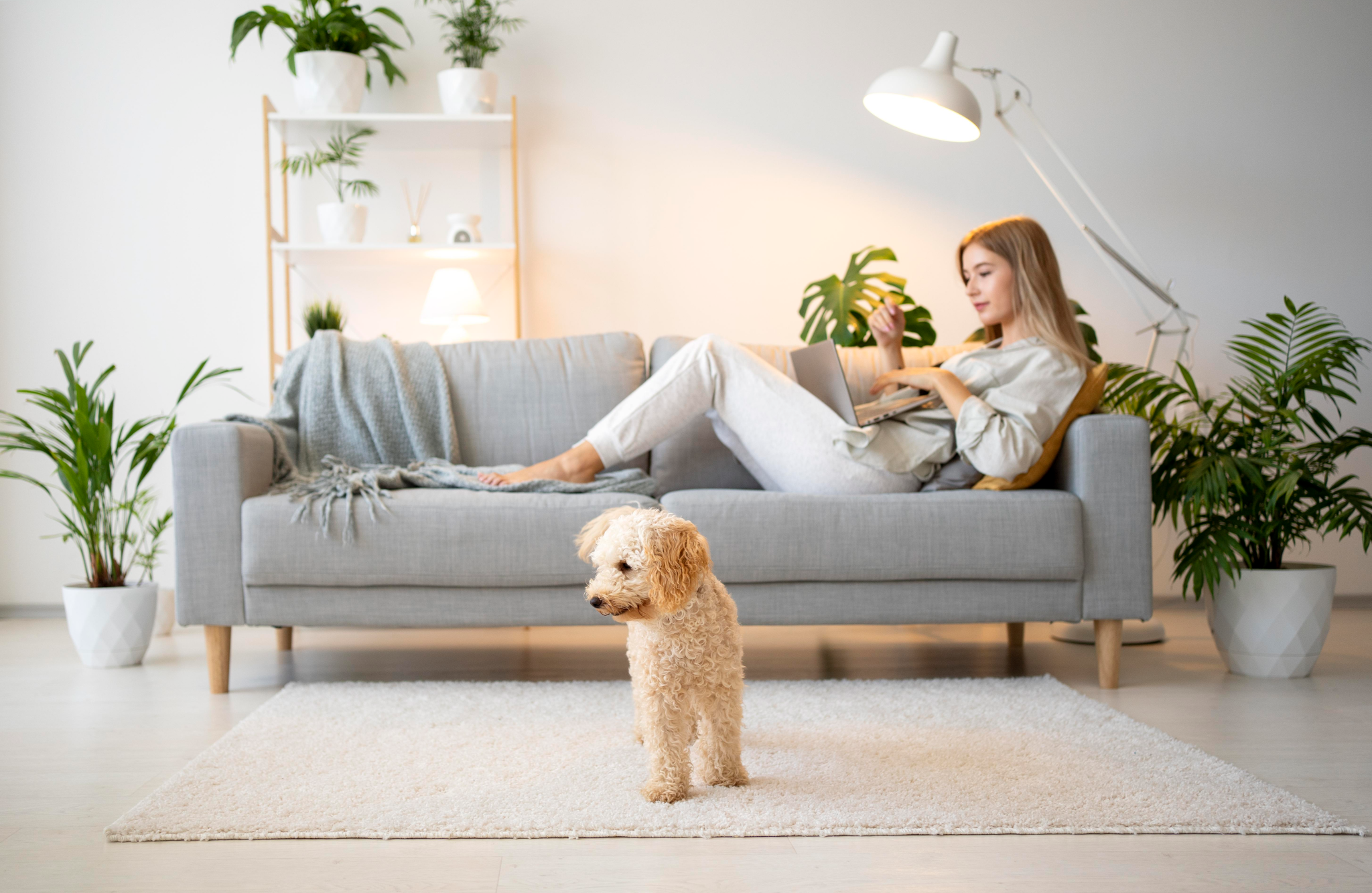 working woman with her dog sitting near