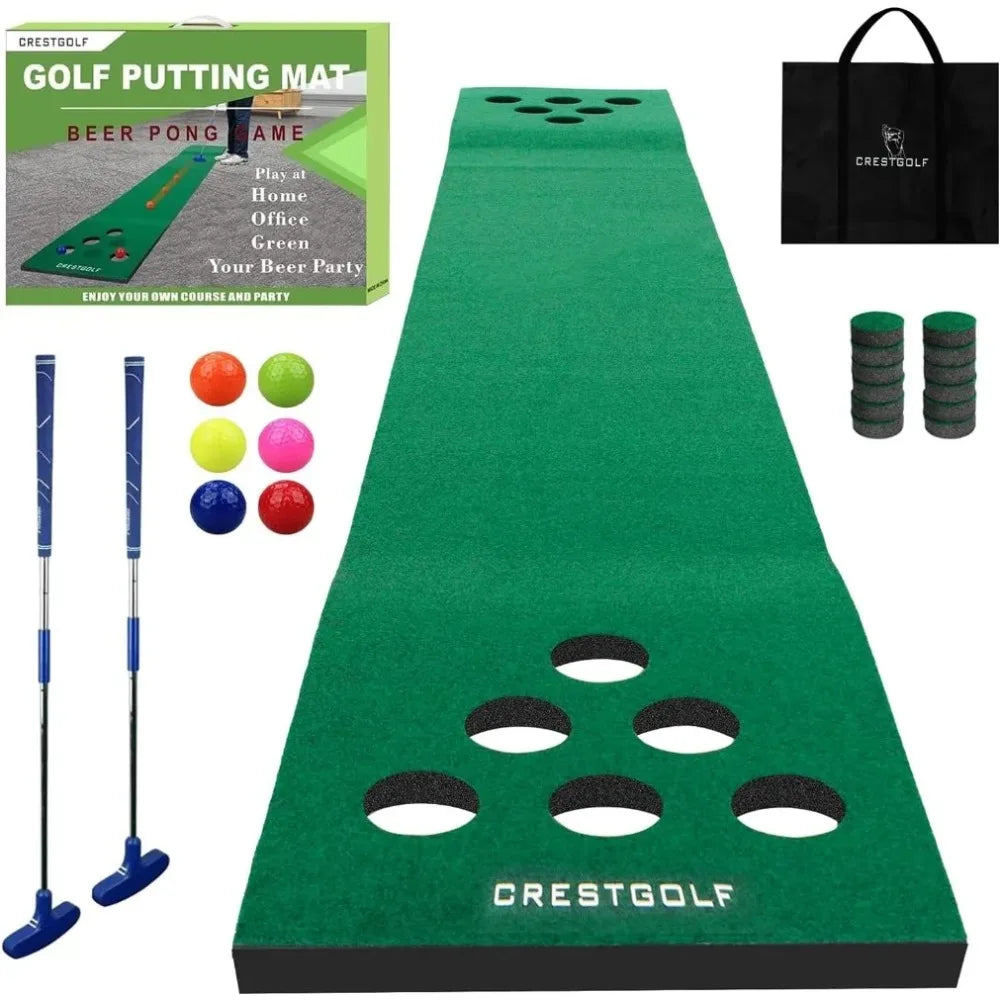 CrestGolf Putting Mat Game Set, 2 Adustable Putters, 6 Golf Balls,12 Golf Hole Covers