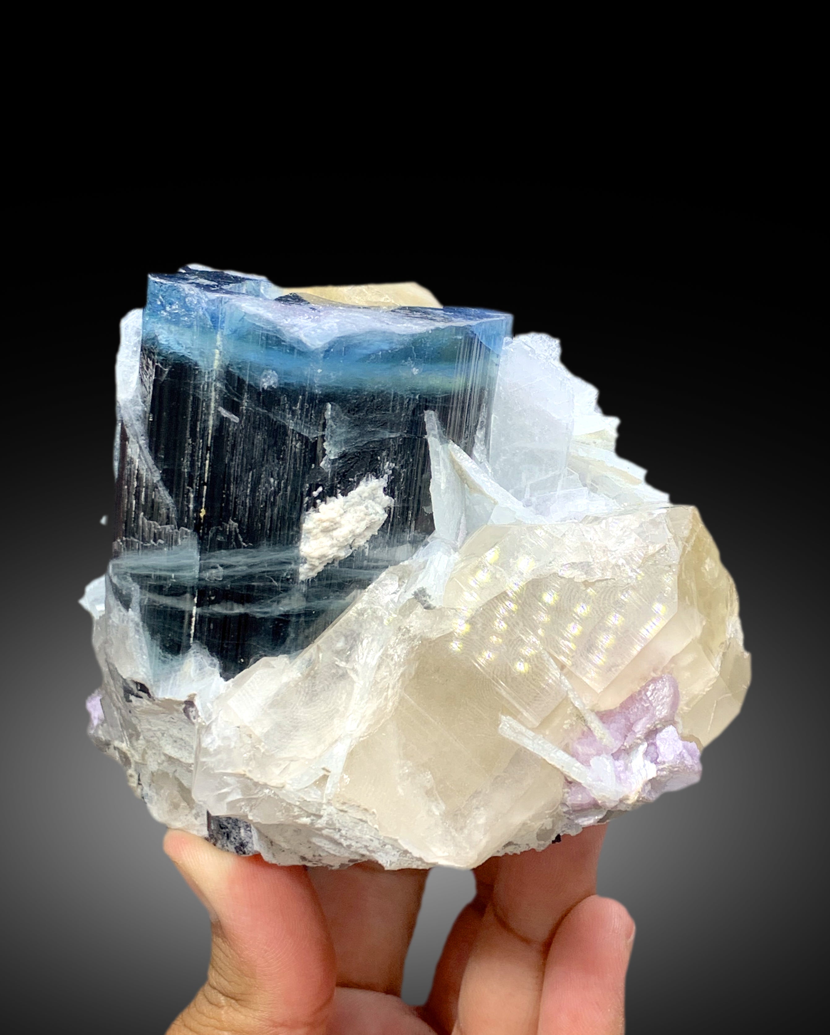 Blue Cap Tourmaline with Smoky Quartz, Cleavelandite Albite and Lepidolite, Tourmaline Specimen, Tourmaline from Paprok Afghanistan - 1200 g
