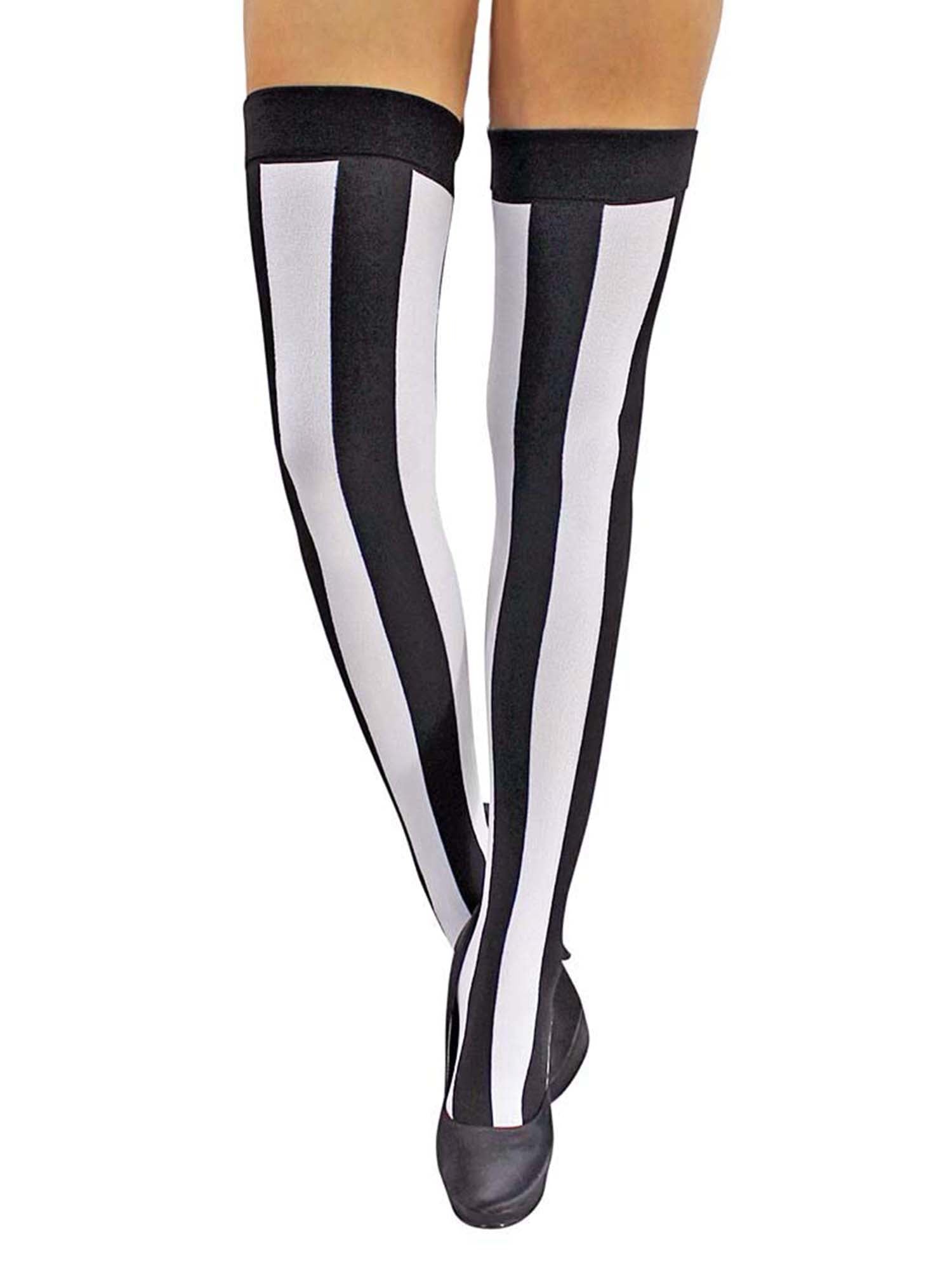 black thigh high socks with white stripes