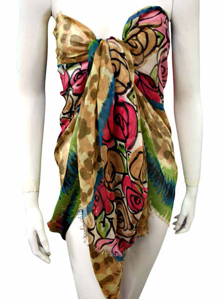 Tan Sheer Multicolor Rose Print Scarf Shawl – Luxury Divas