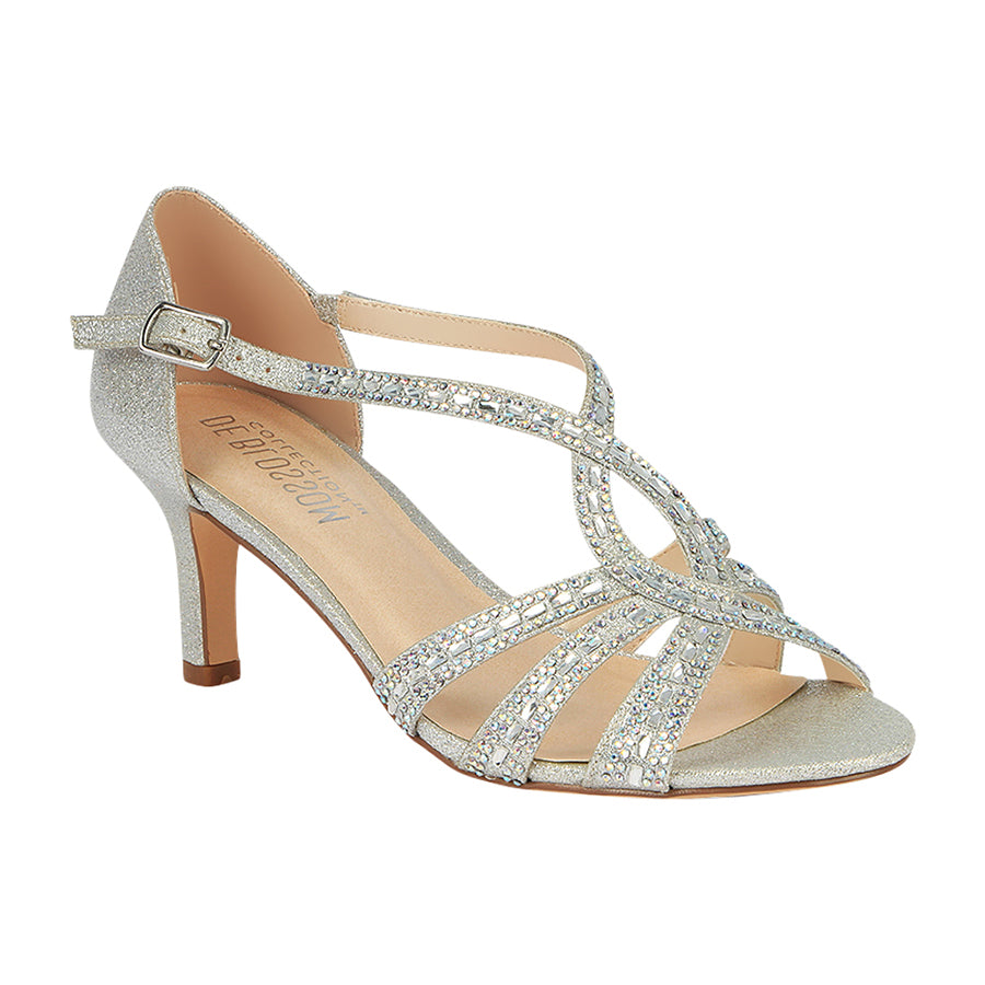 silver strappy heels with rhinestones