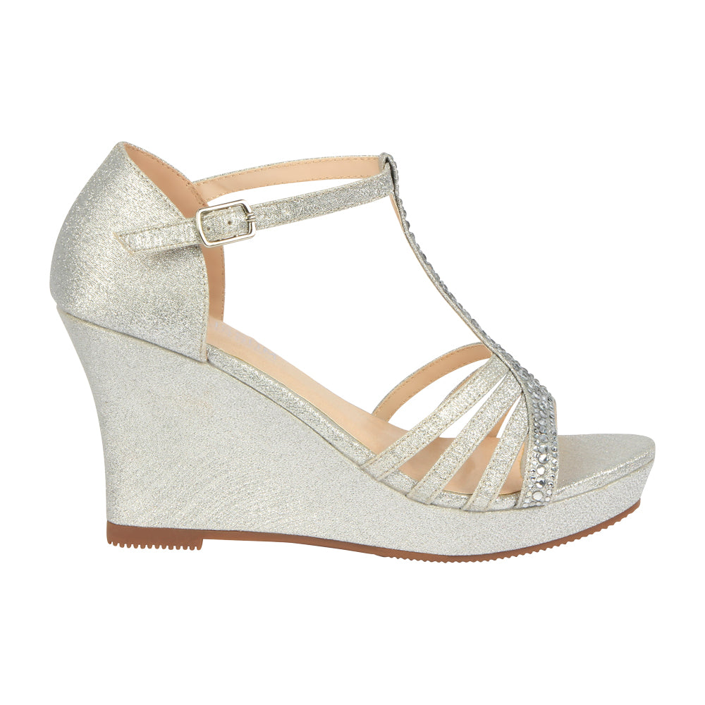 Winni-111 Sparkly T-Strap Wedge Sandal - Silver, Wedges- De Blossom ...