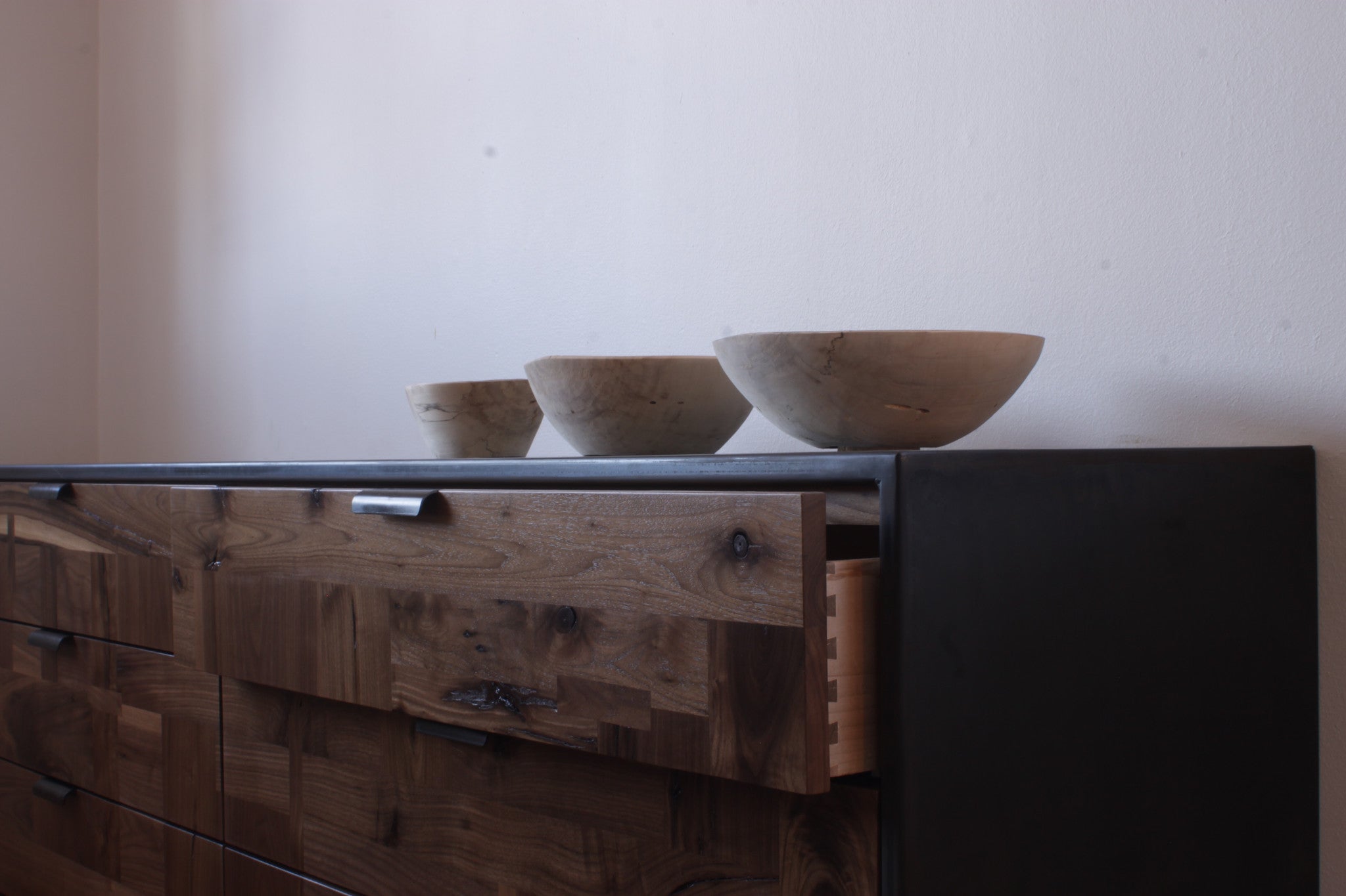 Patchwork Walnut Credenza in Blackened Steel Cabinet