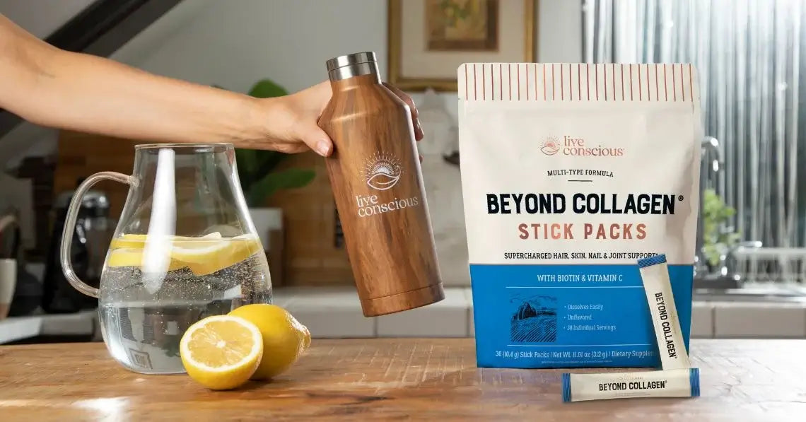 Woman grabbing a water bottle next to Live Conscious Beyond Collagen Stick Packs