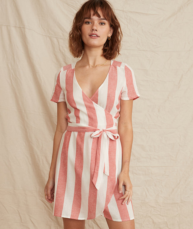 pink and white wrap dress