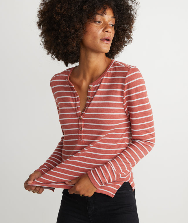 Double Knit Henley in Brick Red/White Stripe – Marine Layer