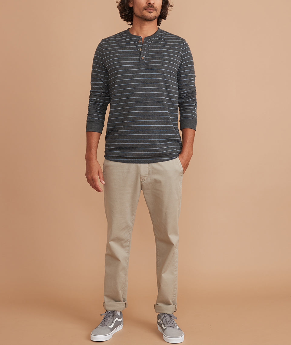 Double Knit Henley in Heather Grey/Light Blue Stripe