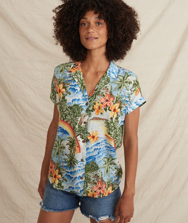 Malia Button Down in Blue Hawaiian Print – Marine Layer