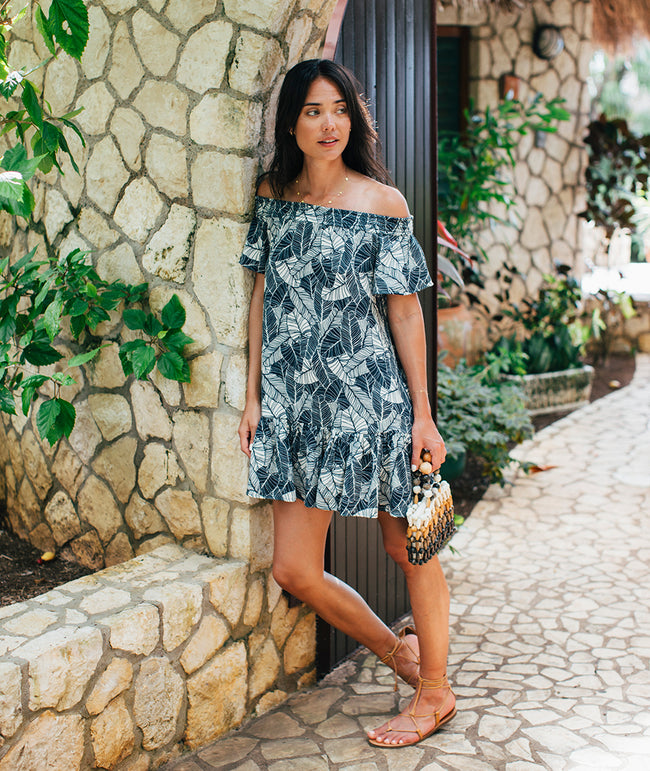 Shirley Off The Shoulder Dress in Navy Palm – Marine Layer