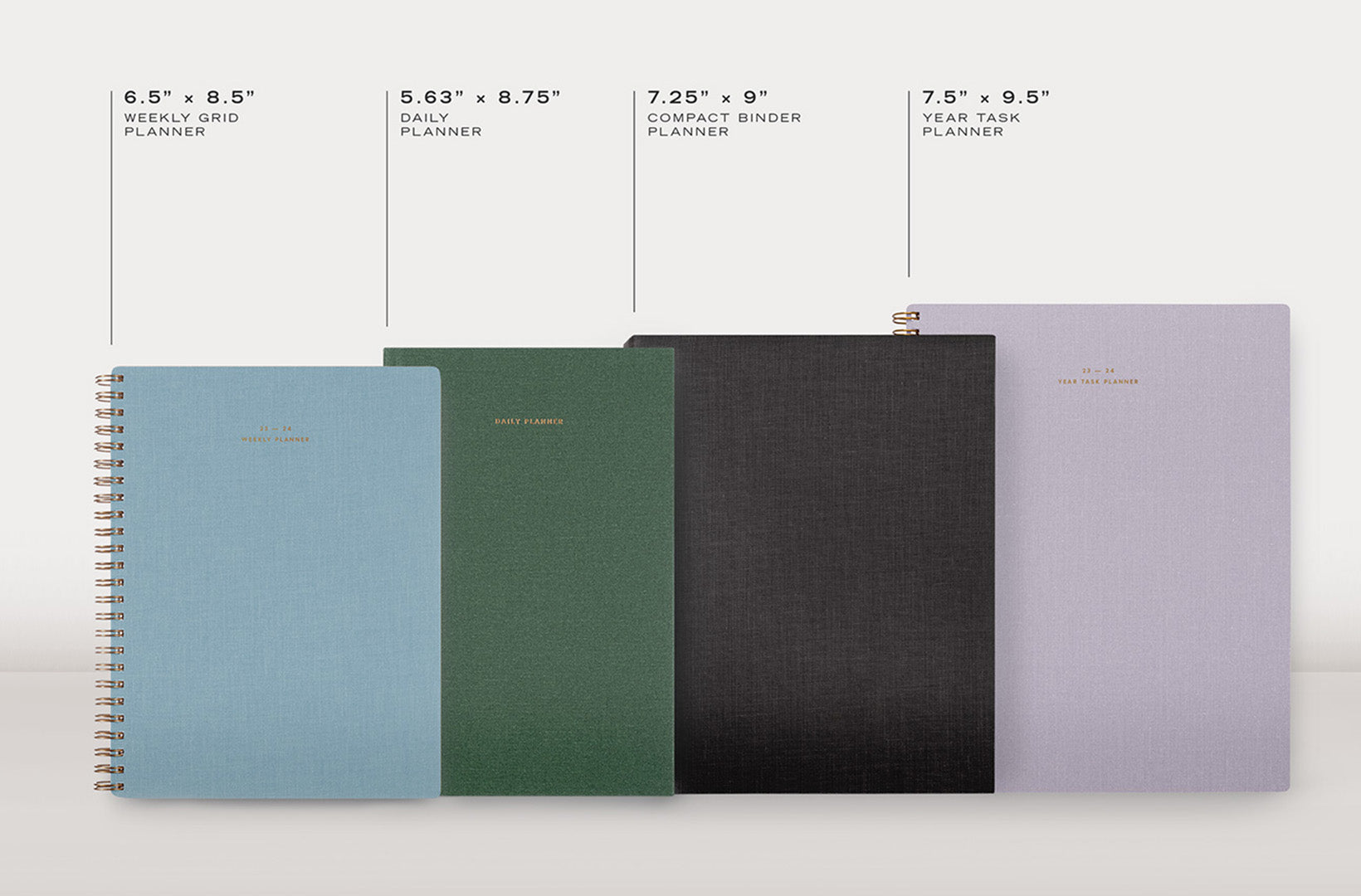 The 23-24 planner formats line up by size with specs noting the dimensions