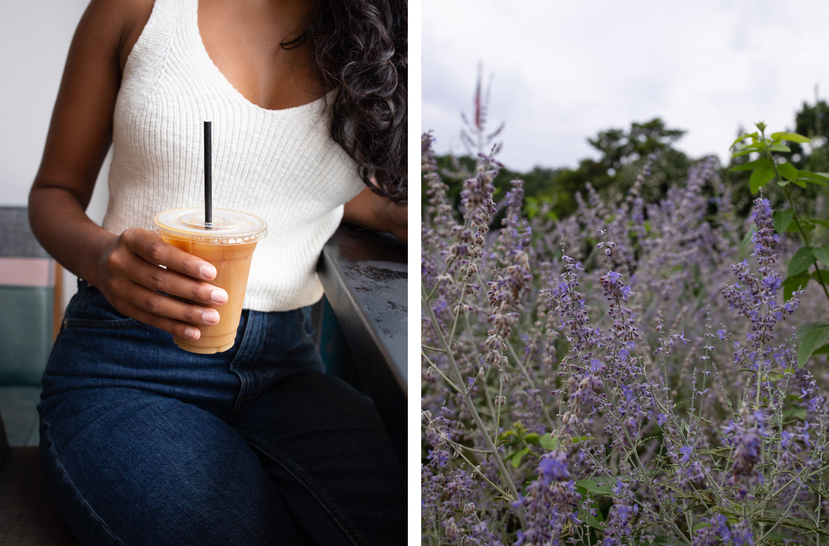 Left image shows a woman's torso and right arm. She is wearing a cream rib knit tank top and holds an iced coffee in her right hand. The left image shows a field of purple wildflowers.