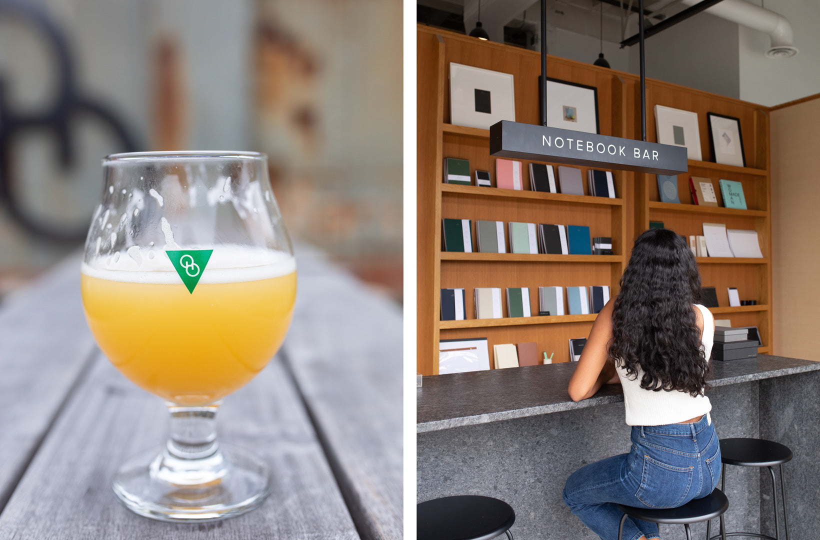 The left image shows a tulip beer glass filled with a gold-colored beer and is emblazoned with a green Other Half logo. The right image shows a woman sitting at the Appointed Notebook Bar. She has long dark hair and wears a cream colored ribbed knit tank top.